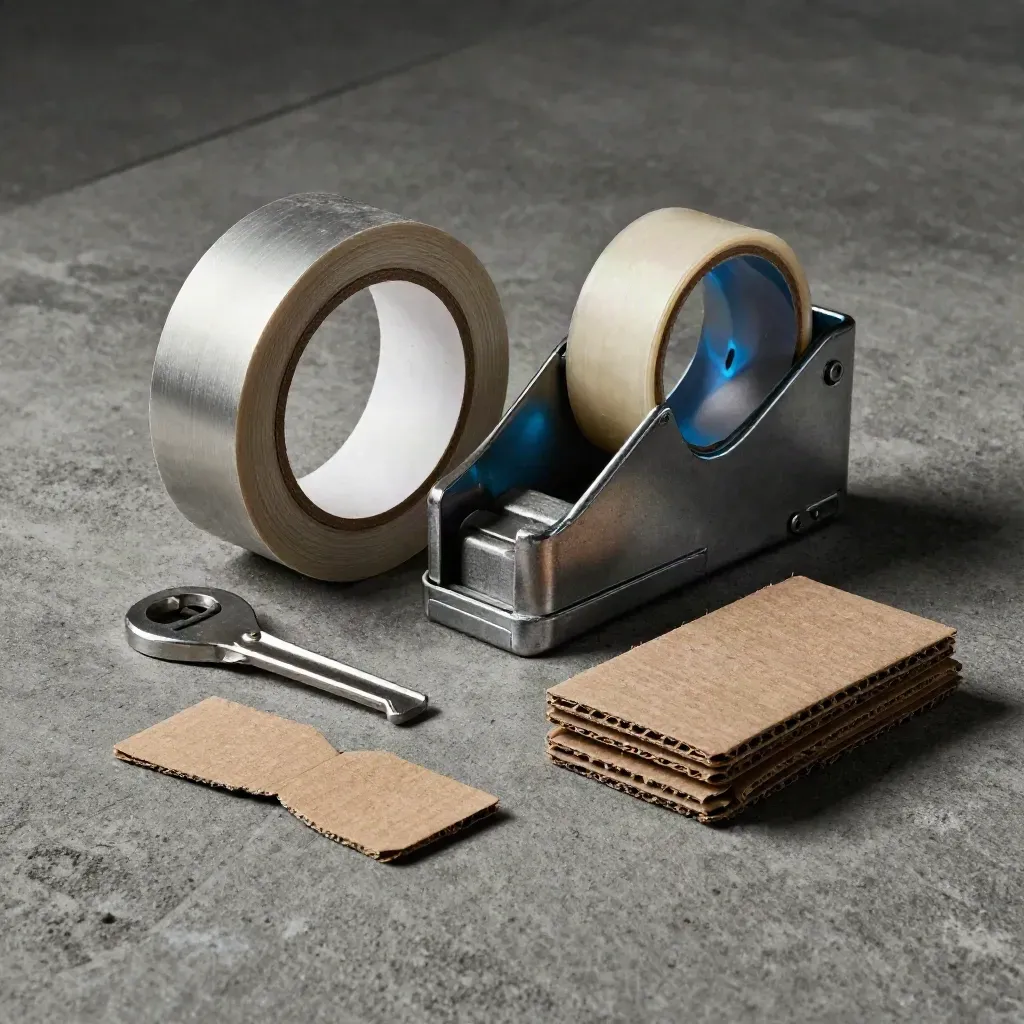 Versand-Set mit Klebebandrolle, Metallschneider und Wellpappe auf dunklem Beton