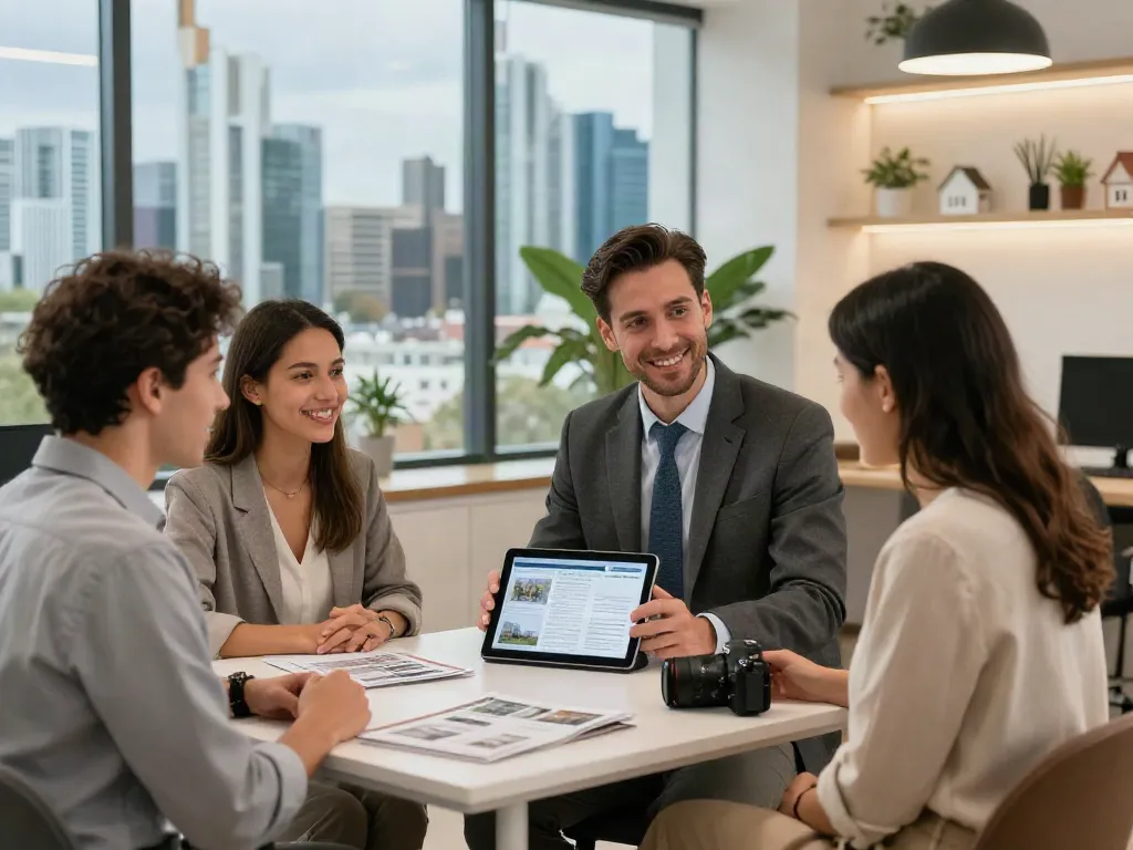Bester Immobilienmakler Frankfurt berät glückliches Paar in modernem Immobilienbüro.